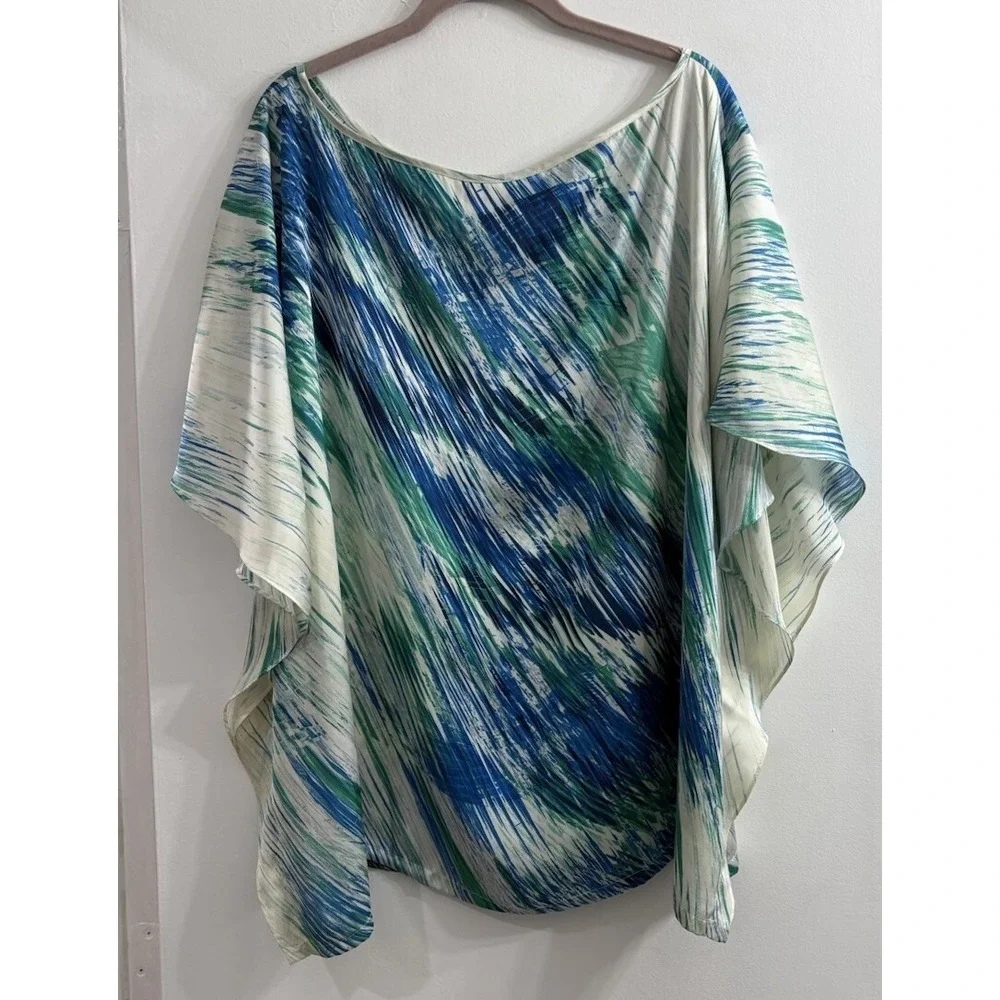 Vince Camuto Blue Green White Kaftan Pullover Watercolor Artsy Boho 3X